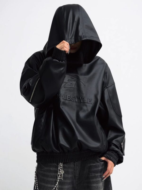 【PEOPLESTYLE】 PU Leather Black Hooded  na1653 Sale