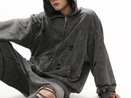 [GIBBYCNA] Damage Zipper Hoodie & Wide-leg Damage Sweatpants  na1036 Hot on Sale